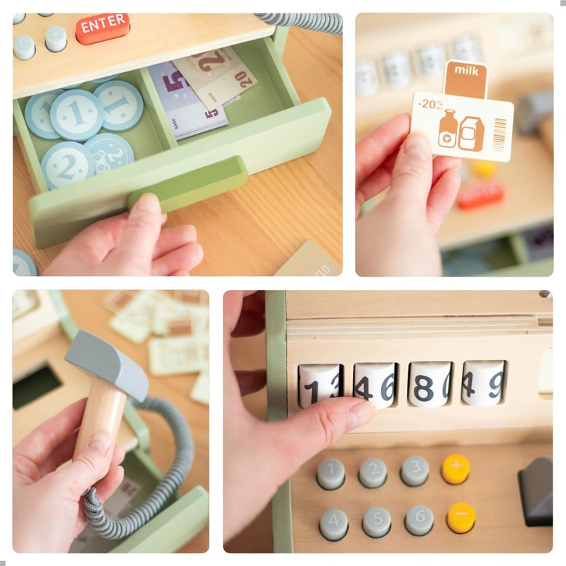 umu ® Wooden Cash Register for Kids - Includes Accessories (Scanner, Payment Terminal, Play Money, etc.), Role Play Shop & Accessories for Children Ages 3 4 5 6 - Image 3